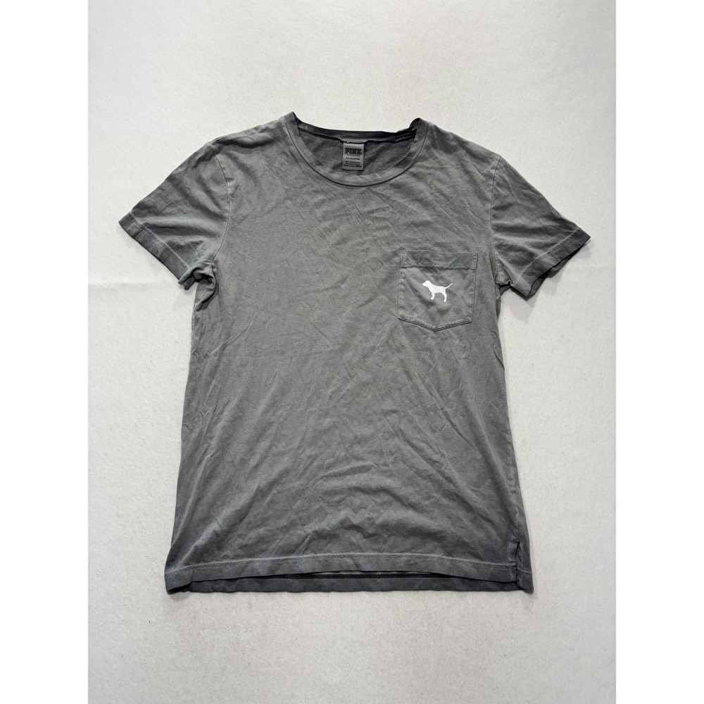PINK Victoria's Secret Shirt Womens S Gray Pocket Dog Logo Tee Summer Casual
